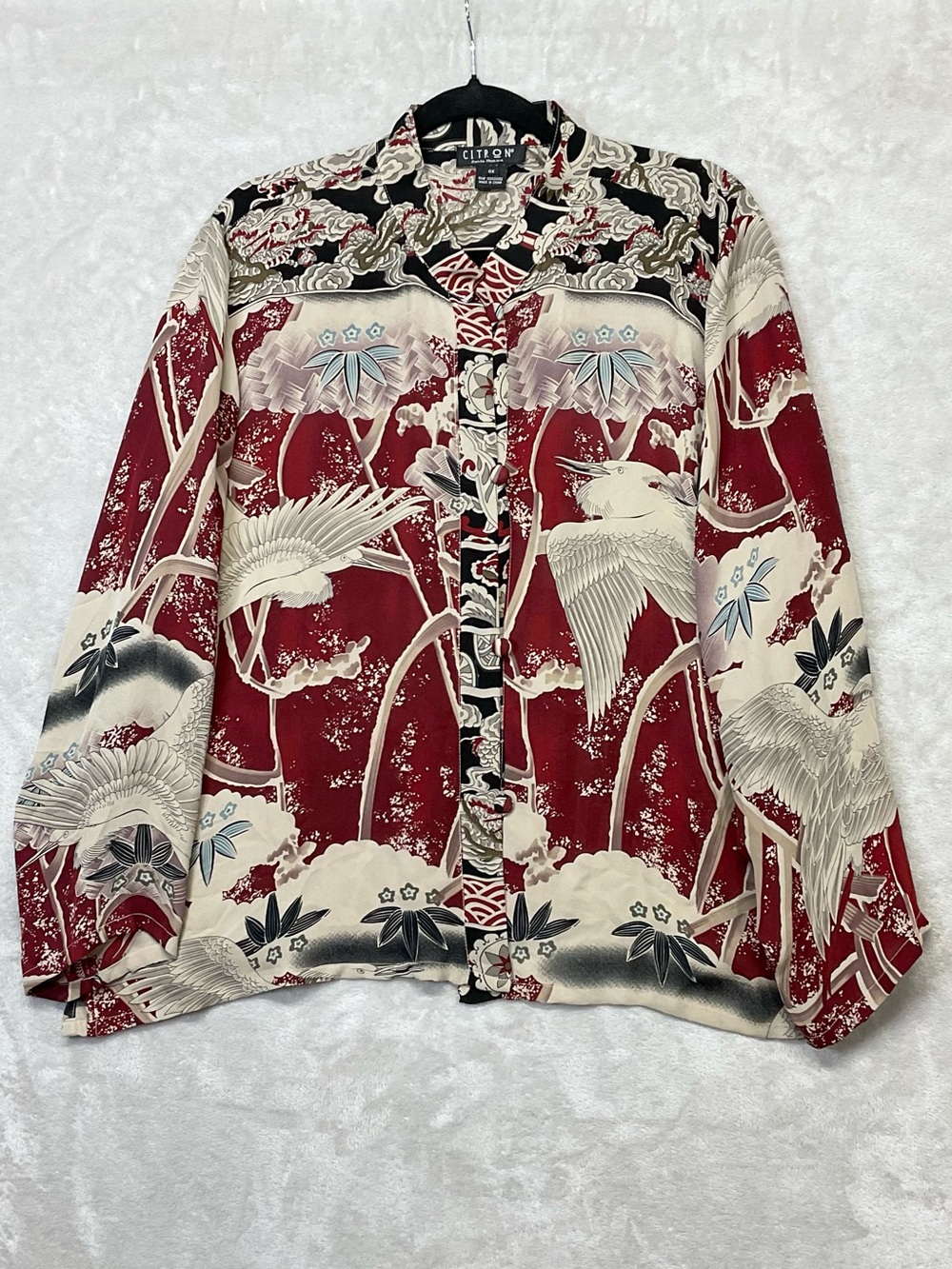 Citron Santa Monica Silk Crane & Bamboo Button Up Blouse Womens 0X